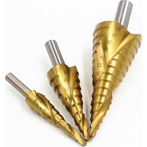 Free shipping New 3pcs HSS Spiral Grooved Core Cone Step Drill Bits Triangle Shank 4mm to 12mm 20mm 32mm Chamfer Hole Cut Cutter