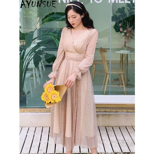AYUNSUE Spring Summer Korean Dress 2021 High Waist Long Party Dresses for Women Elegant Chiffon Sexy Dress Vestidos Largos