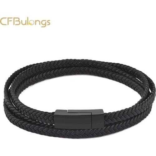 CFBulongs Vintage Black Three-layer Leather Men Bracelet Stainless Steel Black Buckle Multi-layer Braided Wristband Punk Jewelry