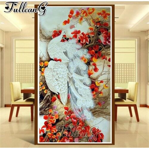 FULLCANG White peacocks red flower 5d diy full square round drill large diamond painting mosaic embroidery sale animals FC2513
