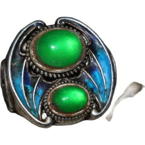 Chinese Old Craft Made Old Tibetan Silver Inlaid Green Jade Silver Ring