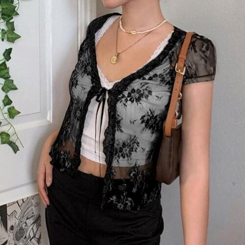 Crop Tops Solid Color Lace Gauze Frenulum Cardigan Sexy Fashion Short Sleeve T-shirt Tank Tops