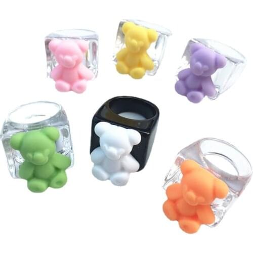 Cartoon Candy Color Bear Resin Rings for Women Acrylic Geometric Harajuku Vintage Animal DIY Rings Charms 90s Aesthetic Gift New