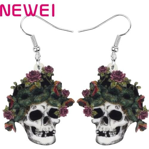 Newei Acrylic Halloween Skeleton Earrings Printing Long Skull Dangle Drop Jewelry For Women Girls Teens Vintage Gift Accessories