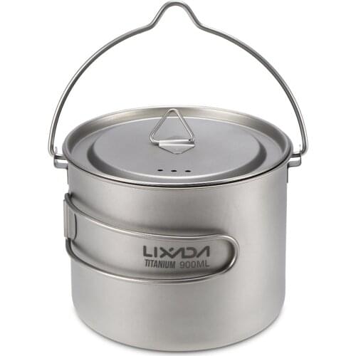 900ml/1600ml Titanium Pot Cup Hanging Camping Pot Portable Water Cup with Lid Foldable Handle Outdoor Tableware Picnic Cookware