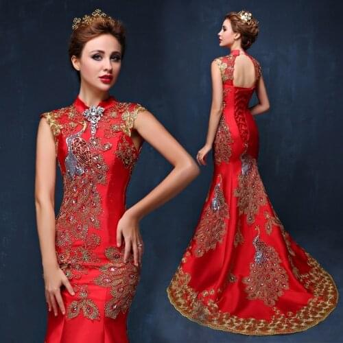 Luxury Embroidery Red Chinese Evening Dress Long Cheongsam Bride Wedding Qipao Mermaid Dresses Oriental Style Qi Pao Robe Rouge