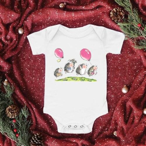 Merry Christmas Cute Cartoon Hedgehog Graphic Printed New Fashion Newborn Baby Romper Infant Short Sleeve White Onesies