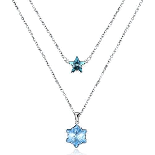 SILVERHOO 925 Sterling Silver Snowflake Star Double Chains Pendant Necklaces For Women Blue Austria Crystal Stackable Necklace