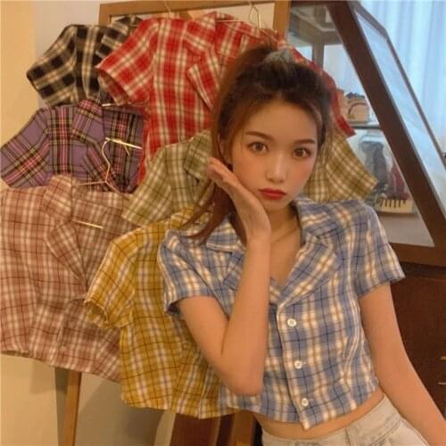 Women Summer Plaid Turn Down Collar 7colors Sweet Crop Top All-match Korean Style Button Up Shirts Lady Streetwear Tops