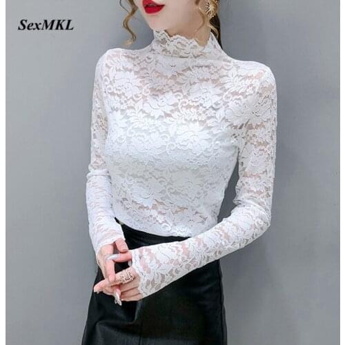 Women Elegant Hollow Out Lace Blouses 2020 Fashion Long Sleeve Transparent Ladies Tops Korean Clothes Winter Casual White Shirts