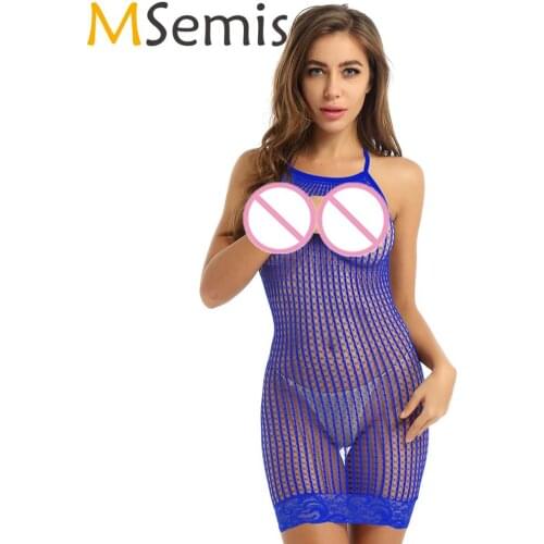 MSemis Womens Erotic Hollow Out Netted Bodystockings Lingerie Halter Neck Sleeveless Lace Hemline Bodycon Mini Dress Nightwear
