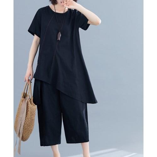 2021 New Arrival Linen Cotton Fashion Womens Clothes Set Loose Top Wide leg pants Two Piece Female Summer Casual Set Suits