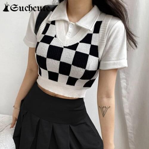 SUCHCUTE Argyle Printed Women Sweater Vest Preppy Style Girls Sleeveless Knitting Y2K Crop Tops Slim V Neck Lady Top Streetwear