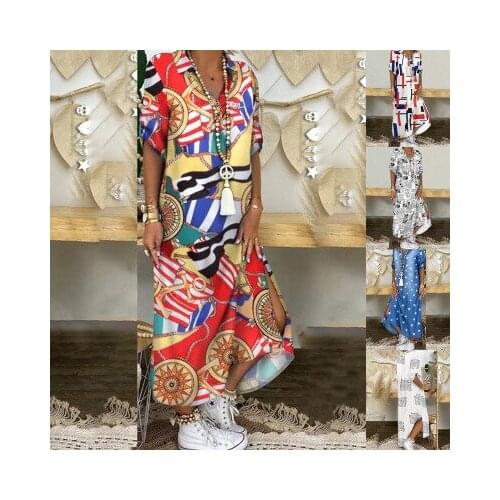 2020 Classic Womens V-neck Shirt Long Dress Short Sleeve Open Fork Hem Split Stylish And Casual Loose Dress юбка летняя женская