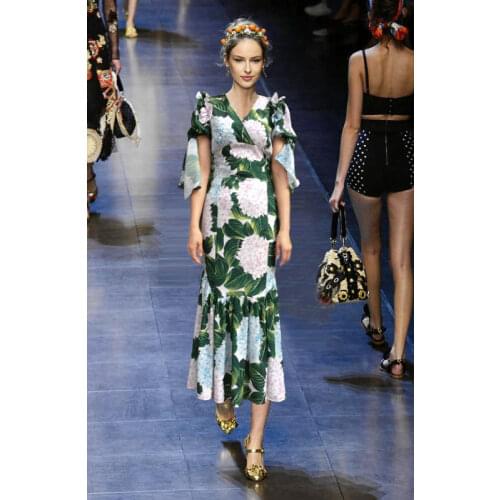 Customize Womens Spring Summer A-Line Dress Green Hydrangea Flower Printed Fishtail Mermaid Dresses