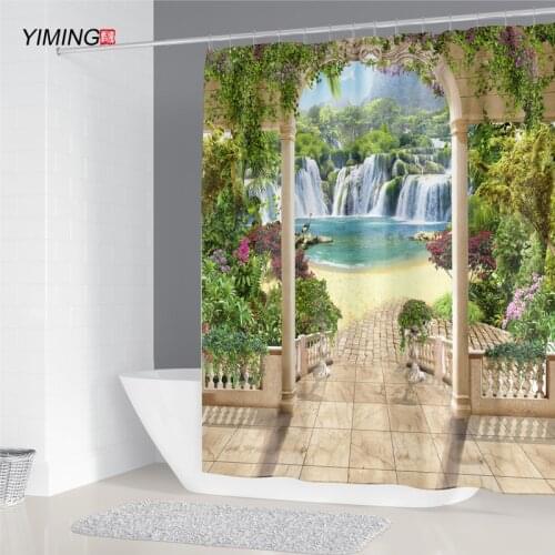 3D outdoor waterfall scenery printing bathroom shower curtain polyester waterproof bathroom partition curtain with hook 200x180