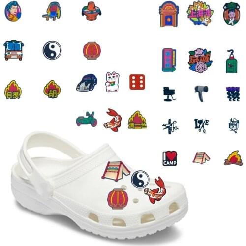 40-100pcs Chinese Style Clog Charms Mahjong Lantern Tai Chi Lucky Cat Shoe Decorations Camping Hairdressing Shoe Accessories