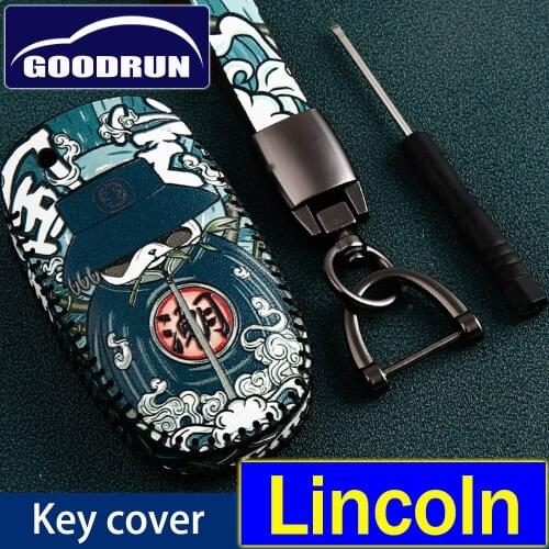 For Lincoln Auto Accessories 3D Relief Cortex Texture First Layer Cowhide Car Remote Key Case Cover Keychain Holder