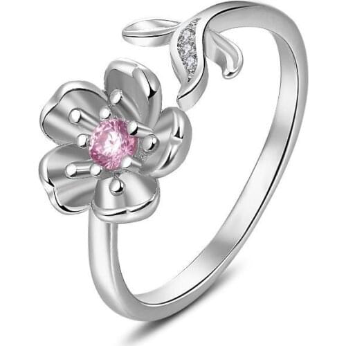 Everoyal New Fashion 925 Sterling Silver Rings For Women Jewelry Cute Zircon Flower Pink Lady Finger Ring Accessories Open Size