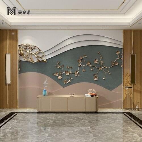 TV background wall painting three-dimensional lines living room bedroom light luxury Nordic wind relief leaf wallpaper