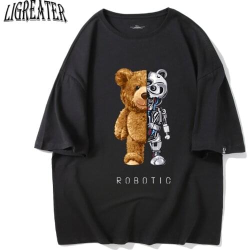 2021 New Summer Cotton T-shirt Harajuku Teddy Bear Robot Graphic Tshirts Oversized Hip Hop T Shirt Couple Short Sleeve Tops Tees