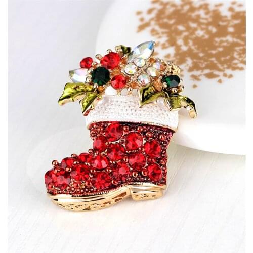 KvJJL 1Pc Christmas Santa Claus Boot Brooch Red Shoe Lucky Pin Zinc Alloy Rhinestone Festival Party Kids Women Sweet Gift New