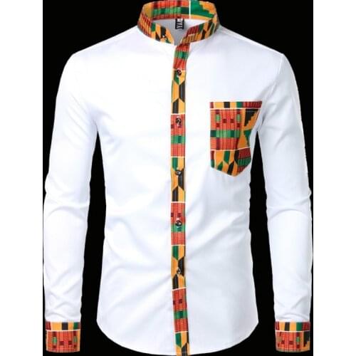 Mens Hipster African Dashiki Tribal Graphic Patchwork Shirts Slim Fit Long Sleeve Mandarin Collar Shirt Camisas Men Clothing