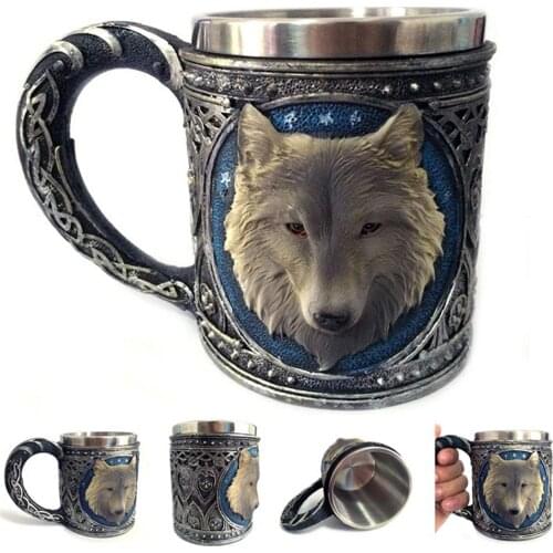 450ml Novelty Wolf Head Stainless Steel Resin Handle Beer Juice Milk Water Cup Home Office Coffee Tea Mug Drinkware