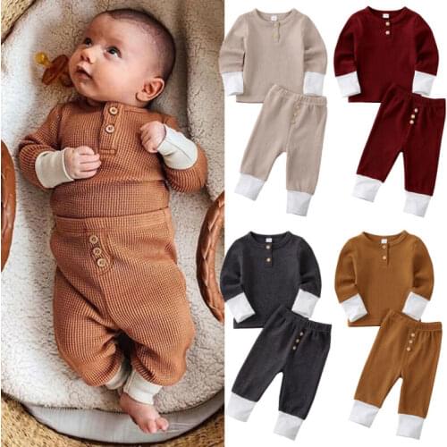 0-24 Months Unisex Baby Outfits Toddler Baby Girl Solid Color T-Shirt Tops Leggings Pants Knitted Set Baby Boys Fall Spring Set