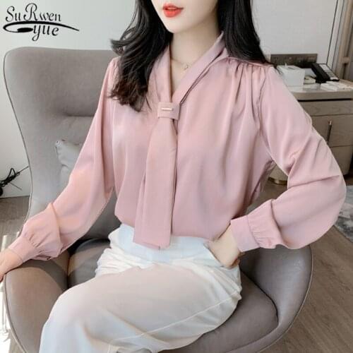 Autumn Chiffon Shirt OL Style Loose V-neck Womens Tops and Blouses Clothes Office Lady Long Sleeve Shirt Women Satin Shirt 10842