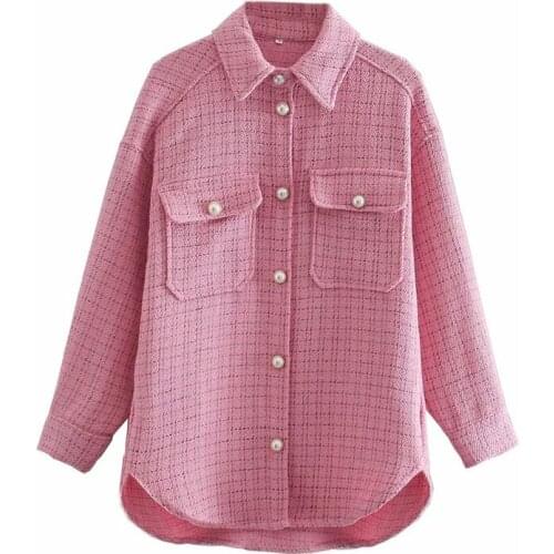 2020 Autumn Womens Retro Pocket Woven Texture Pearl Button Decoration Small Fragrance Style Shirt Jacket