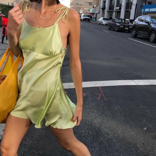 Sexy Women Strappy Satin Sleeveless Mini Dress Summer Sling Smooth Solid Short Dress A Line Cocktail Party Slim Dress 2Colors