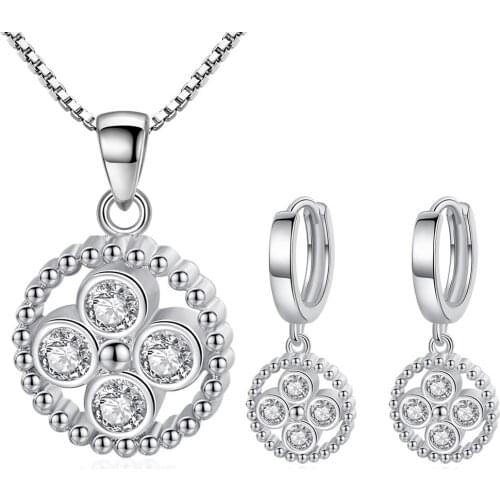Simple Round Zircon Wedding Pendants Necklaces Earring Set for Brides 925 sterling silver Jewelry Sets Women Accessory