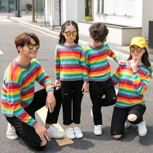 Family clothes rainbow couple matching outfits women sweater mens jacket family matching cothing kids winter sweater new year