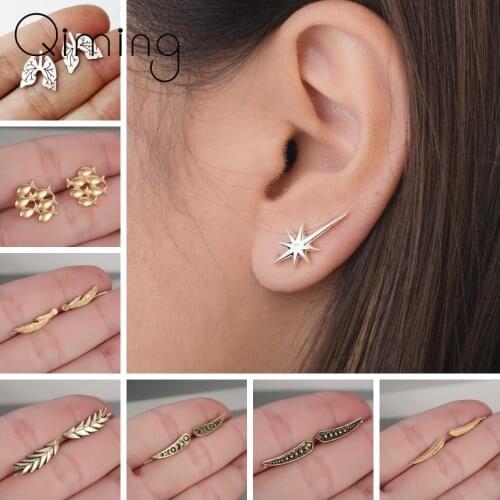 Bohemian Jewelry Leaf Geometric Fish Stud Earrings For Women Simple Bar Leaf Stud Earing Ear Climber Girls Gift