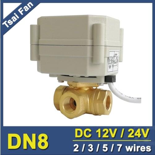 TF8-BH3-A Horizontal 3 Way T/L Type Brass 1/4'' DN8 Motorized Ball Valve Metal Gear DC12V DC24V 2/3/5/7 Wires For Water Control