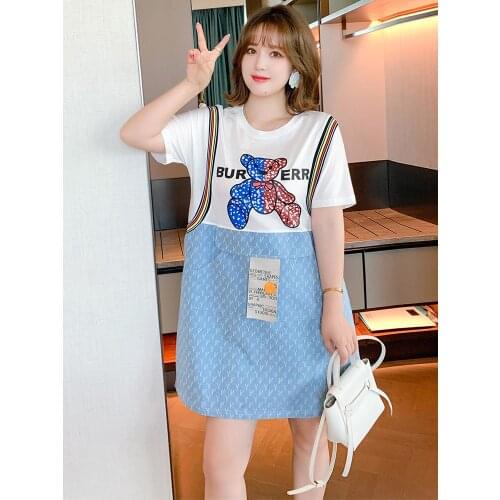 High quality Stripe cartoon bear splicing printing A - Line set new T-shirt dress in summer