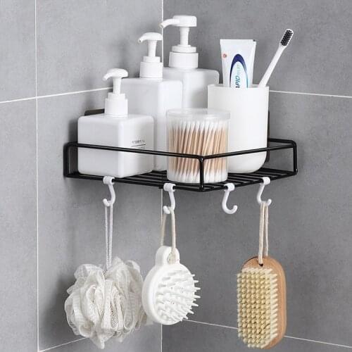 Iron Shelf Wall Hanging Square Corner Rack With Hooks Home Free Punch Bathroom Kitchen Organizer Wall Storage Rack mx12061138