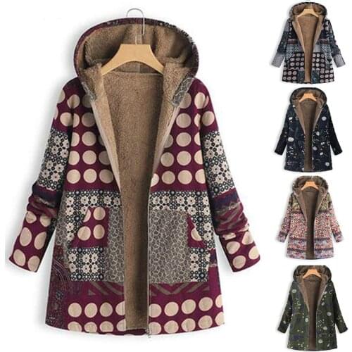 Female Jacket Plush Coat Womens Windbreaker Winter Warm Outwear Print Hooded Pockets Vintage Oversize Coats Plus Size Parkas