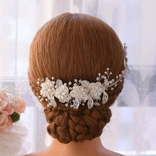 ZMHP274 Alloy Leaves Wedding Hair Accessories Wedding Headpieces Pearl and Crystal Hair Vines Organza Flowers Bride Headband