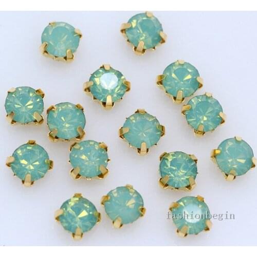3/4/5/6/7/8mm green opal Sew on crystal glass Rhinestone Gold Claw monteea 4hole sewing costume Dress stone jewelry making beads