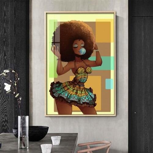 African Art Women with Bubble Gum Canvas Painting Fashion Dreadlocks Girl Poster Wall Art Pictures for Living Room Home Decor