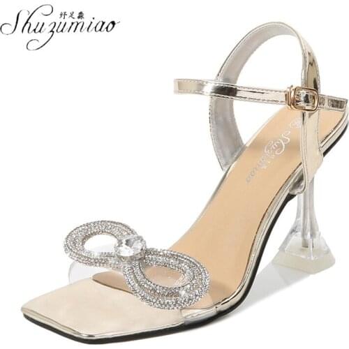 SHUZUMIAO Glitter Rhinestones Women Pumps Crystal Bowknot PVC Summer Lady Shoes Transparent High heels Party Prom Shoes Size 45
