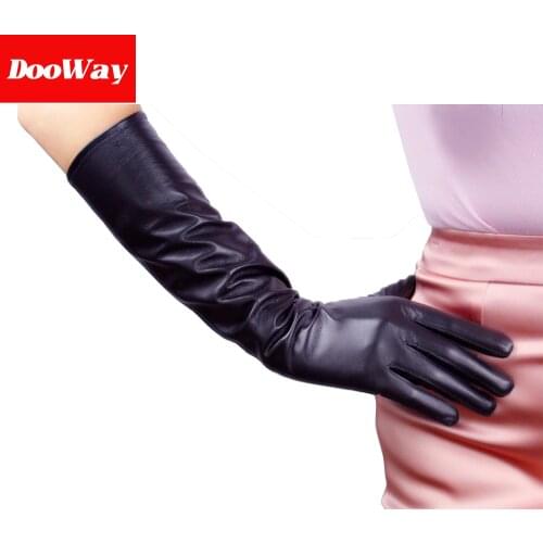DooWay Women Leather Long Opera Gloves 16inches Elbow Length Silk Lined Genuine Lambskin for Ladies Evening Dress Costume Black