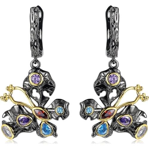 CIZEVA Exquisite Womens Butterfly Earrings Zircon Jewelry Vintage Dangler Earring Ladies Long Earrings 925 Silver Black Gold