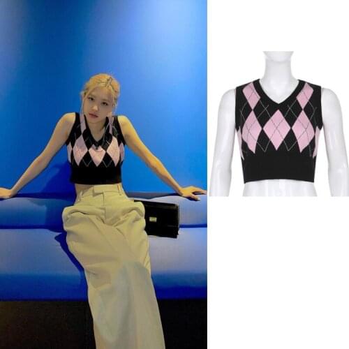 Kpop Star Rose Sweater Vest Y2K Diamond Korean Fashion Pullover Sleeveless Bodycon Crop Tops Argyle Plaid Knitted 2021 Autumn