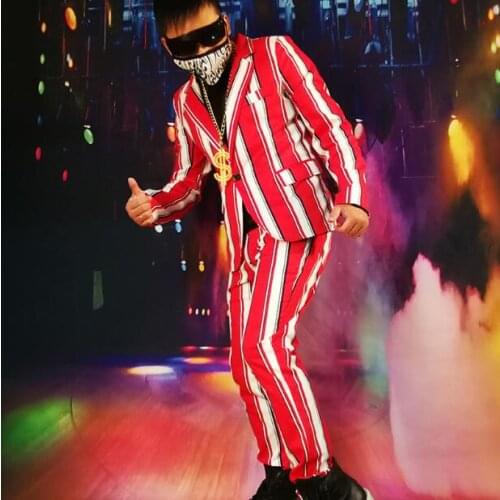 M-6XL! High quality mens DJ performance dress 2019 red with white stripes visual suit nightclub singer bar DS