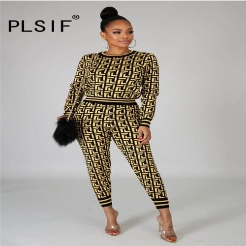 PLSIF Fashion design o neck women set letter print long sleeve tops and long pant tracksuits female matching suit