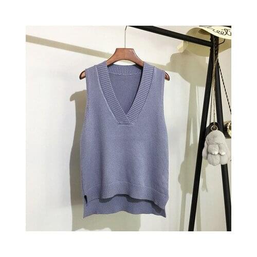 Fashion V-neck Knitted Vest Womens Sweater Autumn And Winter New Korean Loose Wild Sweater Vest Sleeveless Lady Solid Sweater