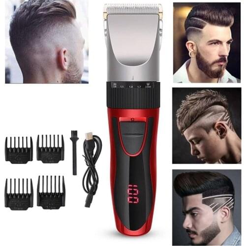 Mens Hair Trimmer USB Rechargeable Hair Clipper Hair Cutting Machine Beard Trimmer Haircut LCD Display Five Gears Adjustable